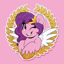 Size: 4000x4000 | Tagged: safe, artist:partypievt, pipp petals, pegasus, pony, g5, bust, female, gradient hooves, gradient mane, headpiece, hooves, looking at you, mare, one eye closed, open mouth, pink background, red eyes, red-eyed pipp, simple background, smiling, solo, wink