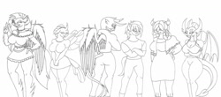 Size: 1280x562 | Tagged: safe, artist:gh0stzr01, gallus, ocellus, sandbar, silverstream, smolder, yona, oc, changedling, changeling, dragon, earth pony, griffon, hippogriff, yak, anthro, g4, bedroom eyes, belly button, big breasts, breasts, busty changedling, busty ocellus, busty silverstream, busty smolder, busty yona, butt, clothes, crossed arms, digital art, dragon wings, dragoness, dress, female, gallass, group, horn, implied tail hole, jewelry, lizard breasts, looking at you, looking back, looking back at you, male, midriff, monochrome, necklace, one eye closed, pants, peace sign, rear view, shirt, simple background, sketch, skirt, spread wings, student six, tail, thighs, white background, wide hips, wings