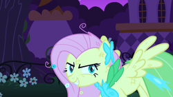 Size: 1920x1080 | Tagged: safe, screencap, fluttershy, pegasus, pony, g4, season 1, the best night ever, angry, clothes, dress, female, grand galloping gala, gritted teeth, incognition, looking at you, mare, night, peeved, ruffled mane, solo, spread wings, wings, yellow fur