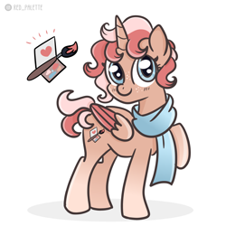 Size: 1200x1200 | Tagged: safe, artist:redpalette, oc, alicorn, pony, alicorn oc, clothes, commission, cute, cutie mark, horn, scarf, smiling, wings
