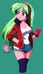 Size: 2558x4387 | Tagged: safe, artist:danmakuman, lemon zest, human, equestria girls, g4, breasts, cellphone, cleavage, clothes, female, green background, headphones, jacket, pants, phone, shorts, simple background, solo, stockings, thigh highs, thigh socks, watermark, zettai ryouiki