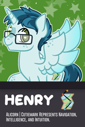 Size: 1800x2700 | Tagged: safe, artist:redpalette, oc, alicorn, pony, alicorn oc, badge, bust, commission, cutie mark, glasses, horn, id card, male, smiling, stallion, wings