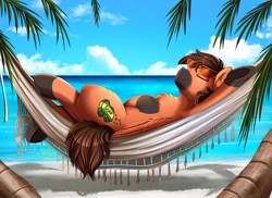 Size: 3509x2550 | Tagged: safe, artist:pridark, oc, oc only, pony, beach, chest fluff, commission, eyes closed, hammock, high res, island, ocean, palm tree, patreon, patreon reward, relaxing, sand, solo, sunglasses, tree