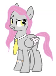 Size: 951x1276 | Tagged: safe, artist:beanbases, artist:twinet, oc, oc only, oc:integral to her design, pegasus, pony, 1000 hours in ms paint, base used, colored wings, female, multicolored wings, necktie, pegasus oc, pink hair, pink tail, simple background, solo, watch, wings