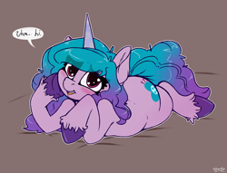 Size: 2350x1800 | Tagged: safe, artist:skoon, izzy moonbow, pony, unicorn, g5, blushing, butt, dialogue, female, heart eyes, looking at you, mare, plot, shy, solo, talking to viewer, text, the ass was fat, wingding eyes