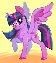 Size: 1274x1432 | Tagged: safe, artist:ppistachioo, twilight sparkle, alicorn, pony, g4, cloven hooves, cute, eye clipping through hair, female, horn, raised hoof, smiling, solo, spread wings, twiabetes, twilight sparkle (alicorn), wings