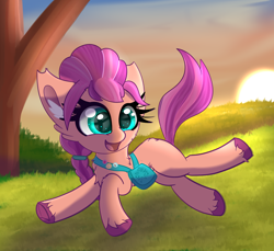 Size: 4754x4360 | Tagged: safe, artist:windykirin, sunny starscout, earth pony, pony, g5, absurd resolution, bag, braid, chest fluff, colored hooves, cute, ear fluff, female, fluttershy's cutie mark, grass, long eyelashes, mare, open mouth, outdoors, pin, pins, prancing, rainbow dash's cutie mark, running, shoulder bag, smiling, solo, sunny's bag, sunnybetes, sunset, three quarter view, tree, turned head, twilight sparkle's cutie mark, unshorn fetlocks