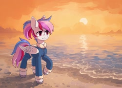 Size: 2032x1462 | Tagged: safe, artist:koviry, part of a set, oc, oc only, pegasus, pony, beach, commission, raised hoof, scenery, smiling, solo, sun, water, ych result
