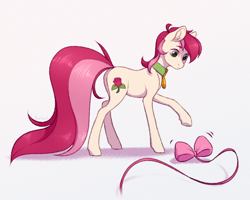 Size: 2184x1749 | Tagged: safe, artist:barlerd, roseluck, earth pony, pony, g4, behaving like a cat, bow, collar, commission, commissioner:doom9454, cute, female, long tail, mare, pet tag, pony pet, rosepet, simple background, solo, white background