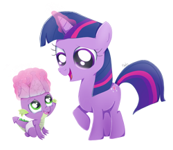 Size: 1024x893 | Tagged: safe, artist:nnaly, spike, twilight sparkle, dragon, pony, unicorn, g4, sparkle's seven, baby, baby dragon, baby spike, crown, cute, diaper, female, filly, filly twilight sparkle, hard-won helm of the sibling supreme, magic, male, simple background, spikabetes, telekinesis, transparent background, twiabetes, unicorn twilight, younger