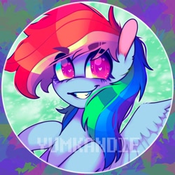 Size: 3500x3500 | Tagged: safe, artist:yumkandie, rainbow dash, pegasus, pony, g4, bust, colored pupils, eyebrows, eyebrows visible through hair, high res, solo, watermark