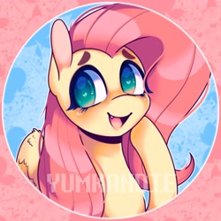 Size: 3500x3500 | Tagged: safe, artist:yumkandie, fluttershy, pegasus, pony, g4, colored pupils, cute, cute little fangs, eyebrows, fangs, high res, shyabetes, solo, watermark