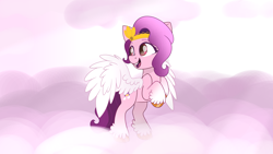 Size: 3416x1921 | Tagged: safe, artist:enviaart, pipp petals, pegasus, pony, g5, cloud, colored wings, female, looking back, mare, open mouth, red eyes, red-eyed pipp, solo, spread wings, unshorn fetlocks, wings