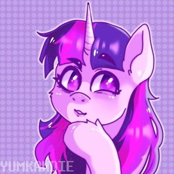 Size: 1080x1080 | Tagged: safe, artist:yumkandie, part of a set, twilight sparkle, pony, g4, bust, colored pupils, eyebrows, eyebrows visible through hair, hoof fluff, hoof on chin, solo