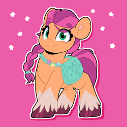 Size: 4000x4000 | Tagged: safe, artist:partypievt, sunny starscout, earth pony, pony, g5, absurd resolution, badge, bag, braid, coat markings, colored hooves, eyebrows, eyebrows visible through hair, female, fluttershy's cutie mark, hooves, looking at you, mare, ponytail, rainbow dash's cutie mark, saddle bag, satchel, simple background, socks (coat markings), solo, sunny's bag, that was fast, twilight sparkle's cutie mark, unshorn fetlocks