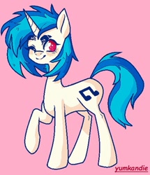 Size: 627x730 | Tagged: safe, artist:yumkandie, dj pon-3, vinyl scratch, pony, unicorn, g4, eyebrows, no pupils, one eye closed, pink background, raised hoof, simple background, solo, wink