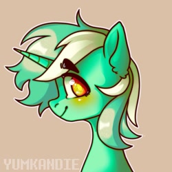 Size: 1080x1080 | Tagged: safe, artist:yumkandie, lyra heartstrings, pony, unicorn, g4, bust, colored pupils, eyebrows, eyebrows visible through hair, profile, simple background, solo, tan background