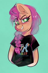 Size: 2000x3000 | Tagged: safe, artist:goshhhh, rainbow dash, sunny starscout, earth pony, semi-anthro, g5, 20% cooler, arm hooves, braid, brony shirt, clothes, eye clipping through hair, eyebrows, eyebrows visible through hair, fangirl, female, green background, grin, high res, in-universe pegasister, looking at you, mare, shirt, simple background, smiling, smiling at you, solo, t-shirt, white pupils