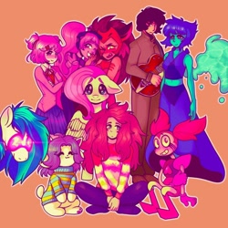 Size: 1080x1080 | Tagged: safe, artist:yumkandie, dj pon-3, fluttershy, vinyl scratch, gem (race), human, pegasus, pony, temmie, unicorn, g4, spoiler:steven universe: the movie, :3, artificial wings, augmented, catra, clothes, crossover, doki doki literature club!, entrapta, eyebrows, female, floppy ears, gem, george harrison, guitar, heart eyes, hydrokinesis, lapis lazuli (steven universe), magic, magic wings, male, missing horn, musical instrument, natsuki, orange background, school uniform, she-ra, simple background, spinel, spinel (steven universe), spoilers for another series, steven universe, steven universe: the movie, the beatles, undertale, water, wingding eyes, wings