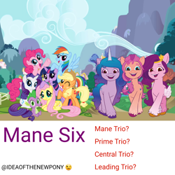 Size: 4096x4096 | Tagged: safe, artist:thenewpony, applejack, fluttershy, izzy moonbow, pinkie pie, pipp petals, rainbow dash, rarity, spike, sunny starscout, twilight sparkle, alicorn, dragon, earth pony, pegasus, pony, unicorn, g4, g5, leak, central trio, cloud, discussion, hashtag, houses, leading trio, mane six, mane trio, meta, mountain, naming the three new main g5 characters, prime trio, red eyes, red-eyed pipp, speculation, twilight sparkle (alicorn)