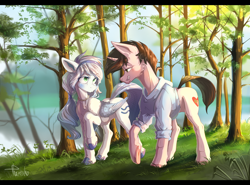 Size: 3507x2600 | Tagged: safe, artist:crazy-leg, artist:tkachenko, oc, oc only, oc:pearl wind, oc:sucata, pegasus, pony, unicorn, clothes, female, high res, leaves, looking at each other, love, male, mare, scenery, signature, smiling, stallion, summer, tree