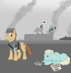 Size: 1248x1290 | Tagged: safe, artist:tofuslied-, changeling, pony, equestria at war mod, armband, beggar, beginner artist, clothes, debunked, eyepatch, flag, floppy ears, headless, lying down, nightstick, prone, statue, uniform