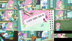 Size: 1280x721 | Tagged: safe, edit, edited screencap, editor:quoterific, screencap, aqua blossom, blueberry cake, bulk biceps, fluttershy, trixie, wiz kid, bird, a little birdie told me, equestria girls, g4, my little pony equestria girls: better together, chalkboard, duo, duo female, female, geode of fauna, magical geodes, make my day, nest, open mouth, pencil, shocked, tree