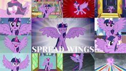 Size: 1280x722 | Tagged: safe, edit, edited screencap, editor:quoterific, screencap, princess cadance, shining armor, twilight sparkle, alicorn, pony, unicorn, fame and misfortune, g4, horse play, magical mystery cure, princess twilight sparkle (episode), school daze, the beginning of the end, the cutie map, the ending of the end, the hooffields and mccolts, the one where pinkie pie knows, the times they are a changeling, three's a crowd, twilight's kingdom, eyes closed, female, glowing eyes, glowing horn, gritted teeth, horn, magic, magic aura, nose in the air, one eye closed, open mouth, solo, spread wings, sugarcube corner, teeth, text, train station, twilight sparkle (alicorn), twilight's castle, volumetric mouth, wings, wink