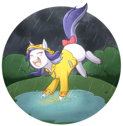 Size: 1024x1049 | Tagged: safe, artist:foxhatart, oc, oc only, oc:violet, pony, unicorn, bow, female, hat, mare, puddle, rain, solo, tail bow