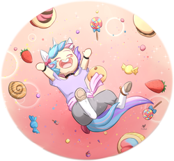Size: 1024x951 | Tagged: safe, artist:foxhatart, oc, oc only, oc:candy floss, pony, unicorn, candy, clothes, food, lollipop, male, pants, shirt, solo, stallion, strawberry