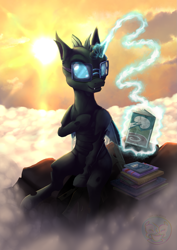 Size: 1169x1654 | Tagged: safe, artist:calena, oc, oc only, oc:tarsi, changeling, book, changeling oc, cloud, commission, cute, glasses, grin, lens flare, magic, mountain, sitting, smiling, solo, sun, ych result