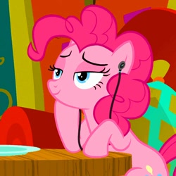 Size: 512x512 | Tagged: safe, edit, edited screencap, screencap, pinkie pie, earth pony, pony, g4, spice up your life, female, headphones, mare, plate, sitting, smiling, solo