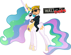 Size: 1600x1226 | Tagged: artist needed, source needed, useless source url, safe, princess celestia, alicorn, human, g4, faustian style art, gamestop, mascot, riding, vector, wallstreetbets