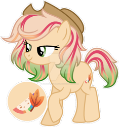 Size: 1024x1090 | Tagged: safe, artist:auroranovasentry, oc, oc only, oc:apple heaven, earth pony, pony, deviantart watermark, female, hat, magical lesbian spawn, mare, obtrusive watermark, offspring, parent:applejack, parent:rainbow dash, parents:appledash, simple background, solo, transparent background, watermark