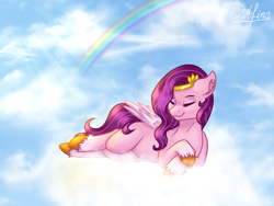 Size: 1024x768 | Tagged: safe, artist:delfinaluther, pipp petals, pegasus, pony, g5, adorapipp, cloud, crepuscular rays, crossed hooves, cute, ear fluff, eyes closed, female, folded wings, lying down, mare, on a cloud, on side, outdoors, rainbow, sky, solo, turned head, unshorn fetlocks, wings
