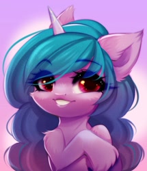 Size: 800x929 | Tagged: safe, artist:cabbage-arts, izzy moonbow, pony, unicorn, g5, cute, eye clipping through hair, eyebrows, eyebrows visible through hair, eyelashes, female, gradient mane, horn, izzybetes, lips, looking at you, mare, smiling, smiling at you, solo, sternocleidomastoid, unshorn fetlocks