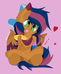 Size: 2720x3336 | Tagged: safe, artist:groomlake, oc, oc only, oc:solar comet, pegasus, pony, bow, colored, disguise, disguised changedling, eyelashes, hair bow, heart, high res, male, open mouth, pink background, ribbon, simple, simple background, sitting, solo, stallion, teeth, tongue out