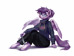 Size: 3612x2728 | Tagged: safe, artist:lunnita_pony, oc, oc only, oc:vylet, pegasus, anthro, unguligrade anthro, clothes, glasses, high res, hoodie, knife, solo