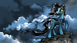 Size: 1920x1080 | Tagged: safe, artist:metanagon, screw loose, earth pony, pony, g4, cloud, commission, crying, female, flowing mane, hoof hold, mare, solo, teary eyes