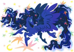 Size: 1953x1365 | Tagged: safe, artist:astroeden, princess luna, alicorn, pony, g4, curved horn, ethereal mane, female, horn, mare, solo, starry eyes, starry mane, starry tail, tail, unshorn fetlocks, wingding eyes
