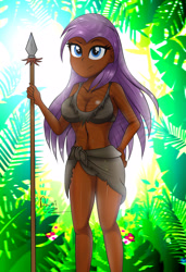 Size: 2290x3350 | Tagged: safe, artist:danielitamlp, oc, oc only, oc:shaily melodi, equestria girls, g4, belly button, big breasts, black bra, bra, breasts, cleavage, clothes, dark skin, equestria girls-ified, female, hand on hip, high res, holding, jungle, jungle girl, legs, loincloth, raised eyebrow, solo, spear, tribal, underwear, weapon