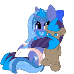 Size: 1500x1500 | Tagged: safe, artist:xcinnamon-twistx, oc, oc:lulu star moonie, alicorn, pony, alicorn oc, baby, clothes, diaper, female, filly, hoof shoes, horn, looking at you, not luna, pacifier, plushie, socks, stockings, teddy bear, thigh highs, wings