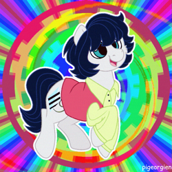 Size: 783x783 | Tagged: safe, artist:pigeorgien, oc, oc only, oc:diamond silvershine, earth pony, pony, clothes, cute, female, happy, jumping, mare, ocbetes, psychedelic, rainbow background, shirt, smiling, solo, sunburst background