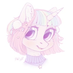 Size: 1350x1350 | Tagged: safe, artist:vird-gi, oc, oc only, pony, unicorn, bust, clothes, ear fluff, hairclip, looking at you, open mouth, portrait, smiling, solo, sweater, turtleneck