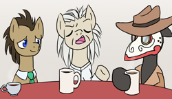 Size: 1000x576 | Tagged: safe, artist:howlsinthedistance, doctor whooves, time turner, oc, oc:professor templetrot, earth pony, pony, g4, back to the future, coffee, crossover, cup, doc brown, doctor who, food, implied time travel, male, mug, plague doctor, plague doctor mask, ponified, stallion, table, tea, the doctor, trio