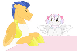 Size: 1280x854 | Tagged: safe, artist:itstechtock, flash sentry, oc, oc:snow quartz, pegasus, pony, g4, cup, female, filly, offspring, parent:princess cadance, parent:shining armor, parents:shiningcadance, simple background, teacup, white background