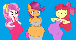 Size: 3340x1796 | Tagged: safe, artist:preggoapplebloom, edit, apple bloom, scootaloo, sweetie belle, pegasus, anthro, equestria girls, g4, my little pony equestria girls, 1000 hours in ms paint, belly, blue background, bow, clothes, female, needs more saturation, preggy belle, pregnant, pregnant edit, pregnant scootaloo, simple background