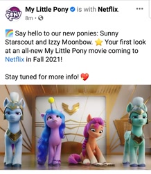 Size: 1080x1241 | Tagged: safe, izzy moonbow, sunny starscout, thunder flap, zoom zephyrwing, earth pony, pegasus, pony, unicorn, g5, my little pony: a new generation, official, spoiler:my little pony: a new generation, art deco, ball, book, facebook, female, guardsmare, horn, horn guard, horn impalement, hornball, it begins, izzy's tennis ball, male, mare, modern art, pegasus royal guard, pony history, royal guard, stallion, tennis ball