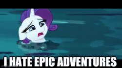 Size: 360x202 | Tagged: safe, edit, edited screencap, screencap, rarity, pony, unicorn, g4, my little pony: the movie, animated, caption, gif, leaning on the fourth wall, quote, solo, text, that pony sure does hate epic adventures, whirlpool