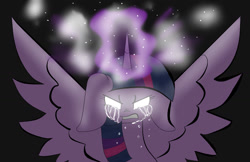 Size: 1700x1100 | Tagged: safe, artist:youlooklikefood, twilight sparkle, alicorn, pony, g4, angry, crying, female, floppy ears, glowing eyes, glowing horn, horn, magic, magic aura, solo, spread wings, tears of anger, twilight sparkle (alicorn), wings